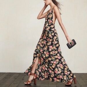 Reformation Eloise Black Floral Backless spaghetti  high slit Maxi Dress size XS